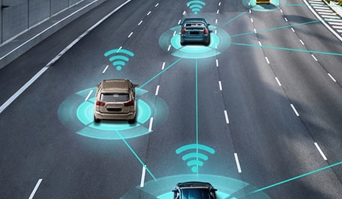  Image of Driver assistance detection during drive, concept visualizing sensor detection.