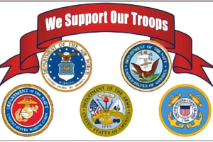 Collage of United States Military Logo's explaming we support our Military Members.